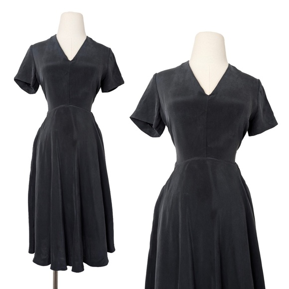 8 By Yoox Dresses & Skirts - Silk dress. Elegant Black V-Neck Short Sleeve Midi Dress